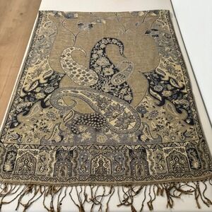 Pashmina Silk Blend Scarf Large Paisley Shawl Wrap Gold Tan Blue